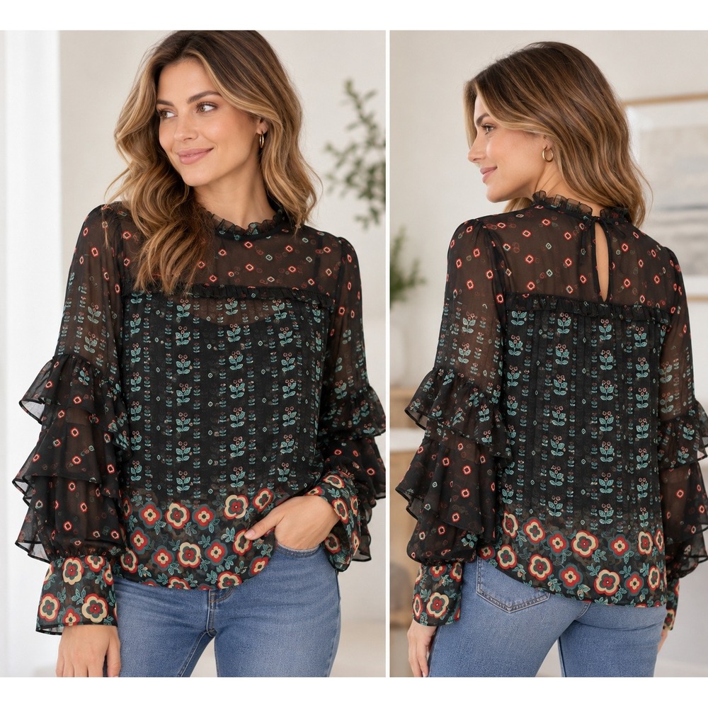 Buffalo David Button Blouse Size M Black Floral Ruffle Tiered Sleeve Boho Top